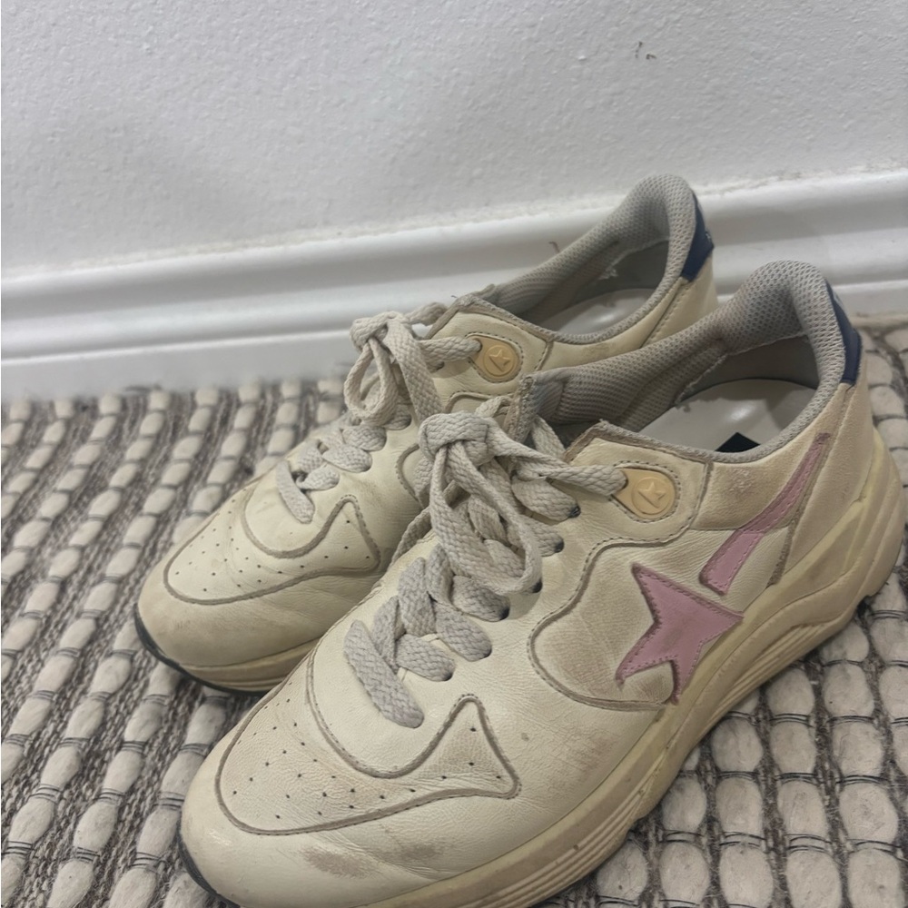 Golden Goose Cream Sneakers with Pink Star Accent